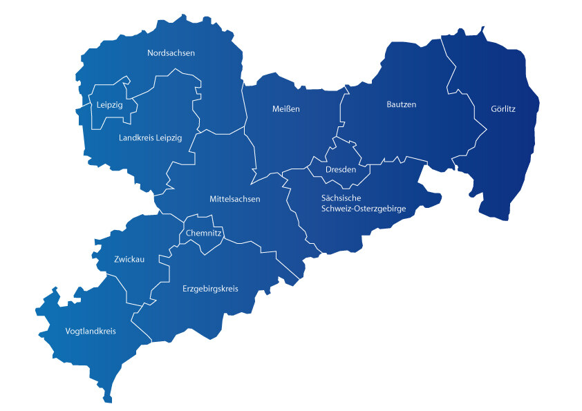 zeigt Sachsenkarte mit Landkreisen und Kreisfreien Städten