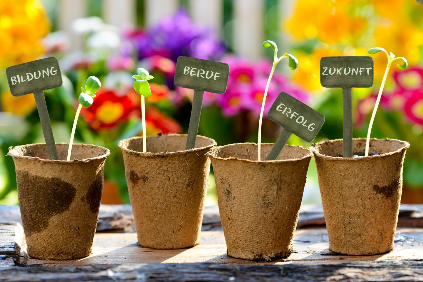 bunte Blumen in verschiedenen Töpfen eingepflanzt