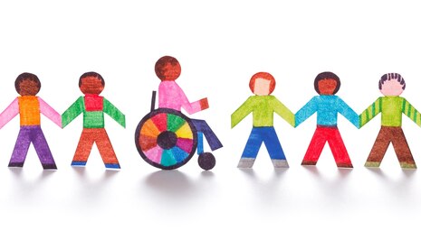 bunte Zeichnung, welche eine Reihe von Kindern zeigt, welche sich an den Händen halten, auch mit einem Rollstuhlfahrer